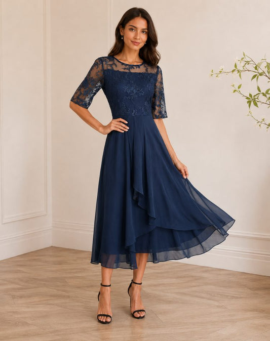Women's Lace Bodice Tiered Midi Dress