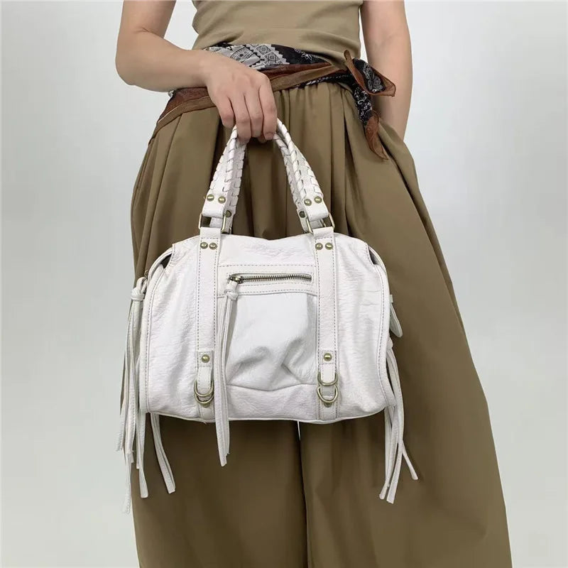White Vegan Leather Handbag for School
