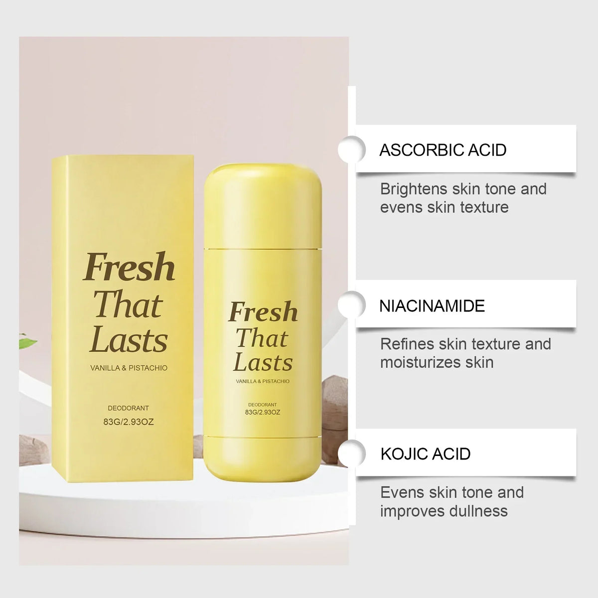 Deodorant Vanilla & Pistachio Fresh That Lasts - 24 Hour Odor Control, No Aluminum, Baking Soda, Parabens, Phthalates, Ethanol - Brightening