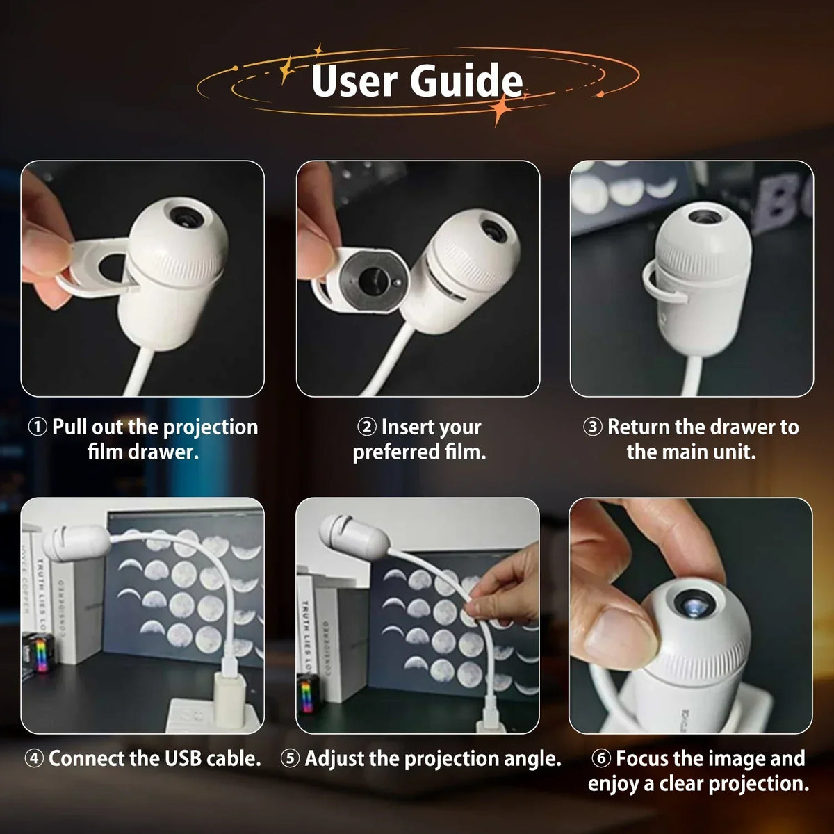 USB Mini Star Projector Night Light with Interchangeable Slide Films – Starry Sky Light for Home and Car