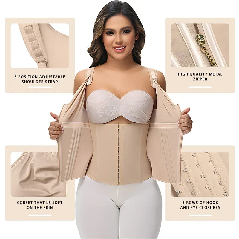 Women's Shapewear Vest with Built-In Underwire Bra – 17 Steel Bones, Zipper and Adjustable Straps