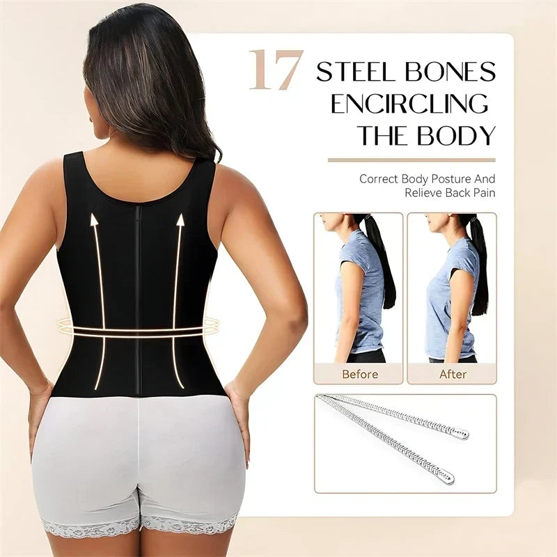 Women's Shapewear Vest with Built-In Underwire Bra – 17 Steel Bones, Zipper and Adjustable Straps
