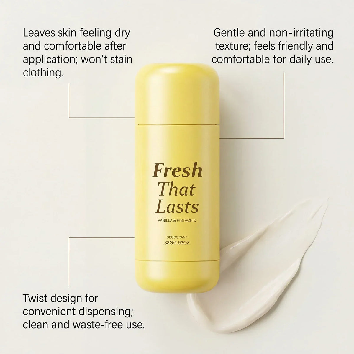 Deodorant Vanilla & Pistachio Fresh That Lasts - 24 Hour Odor Control, No Aluminum, Baking Soda, Parabens, Phthalates, Ethanol - Brightening