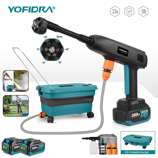 Portable High Pressure Electric Water Spray Gun - 6-in-1 Cordless Car Washer and Garden Cleaning Tool with 22L Foldable Water Bucket - Unisex