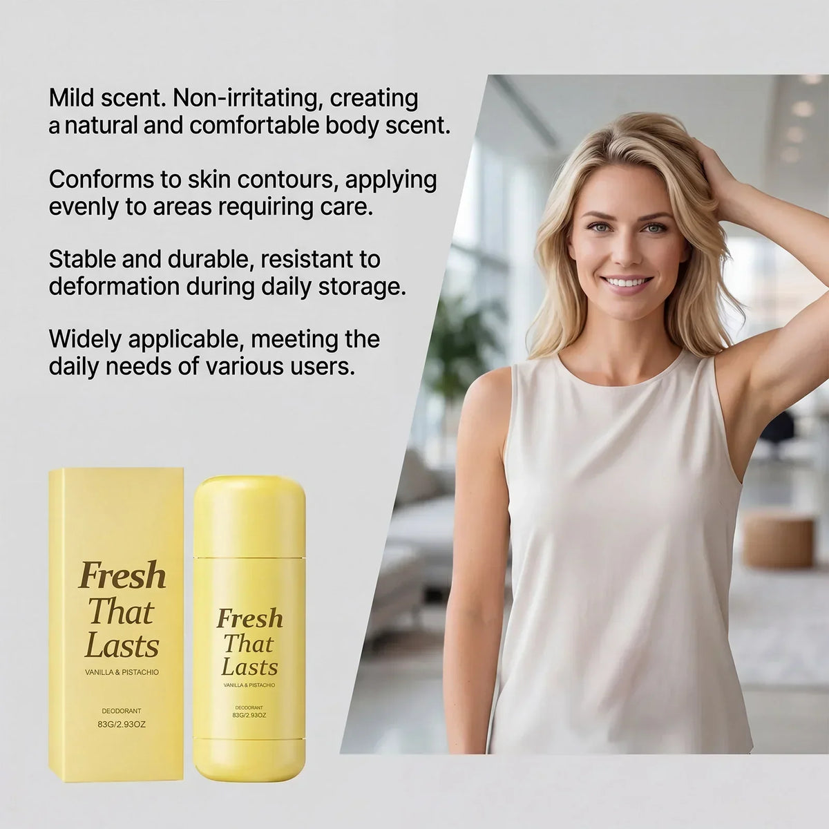 Deodorant Vanilla & Pistachio Fresh That Lasts - 24 Hour Odor Control, No Aluminum, Baking Soda, Parabens, Phthalates, Ethanol - Brightening