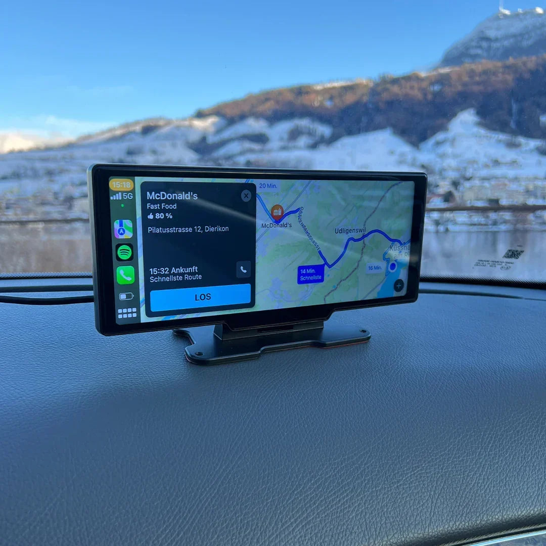 Wireless CarPlay and Android Auto Portable Touchscreen Display for Universal Vehicles - Dashboard Mounted Car Multimedia Player with Bluetooth and