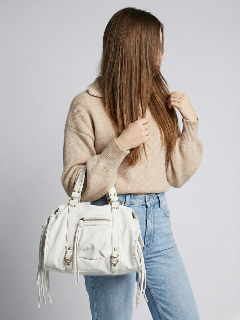 White Vegan Leather Handbag for School