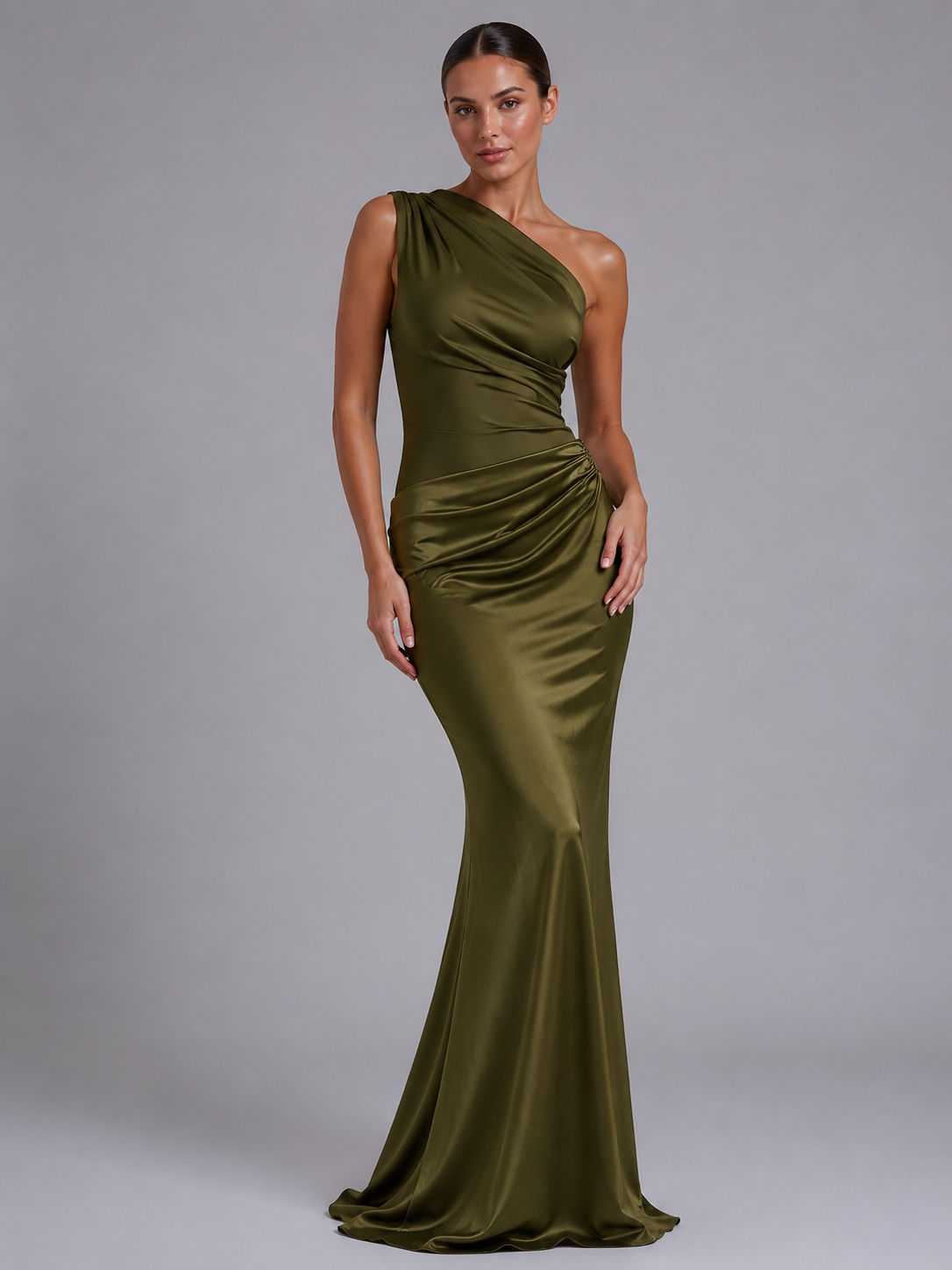 Women's One-Shoulder Satin Feel Maxi Dress