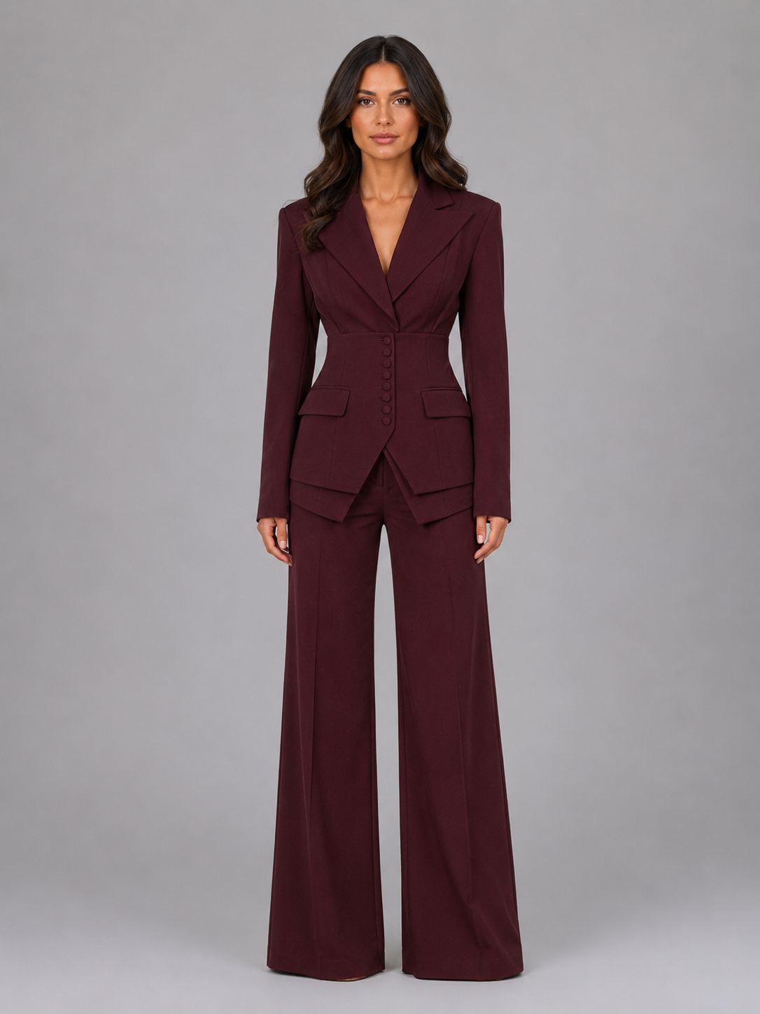 Women's Cinched Waist Wide-Leg Tailored Two-Piece Set