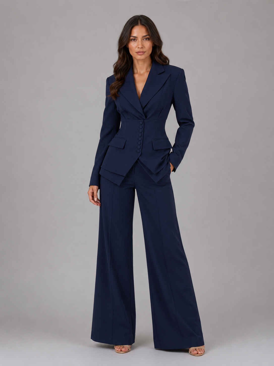 Women's Cinched Waist Wide-Leg Tailored Two-Piece Set