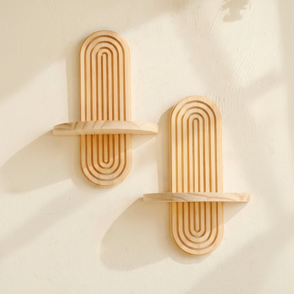 Boho Geometric Wooden Floating Shelves for Stylish Wall Storage