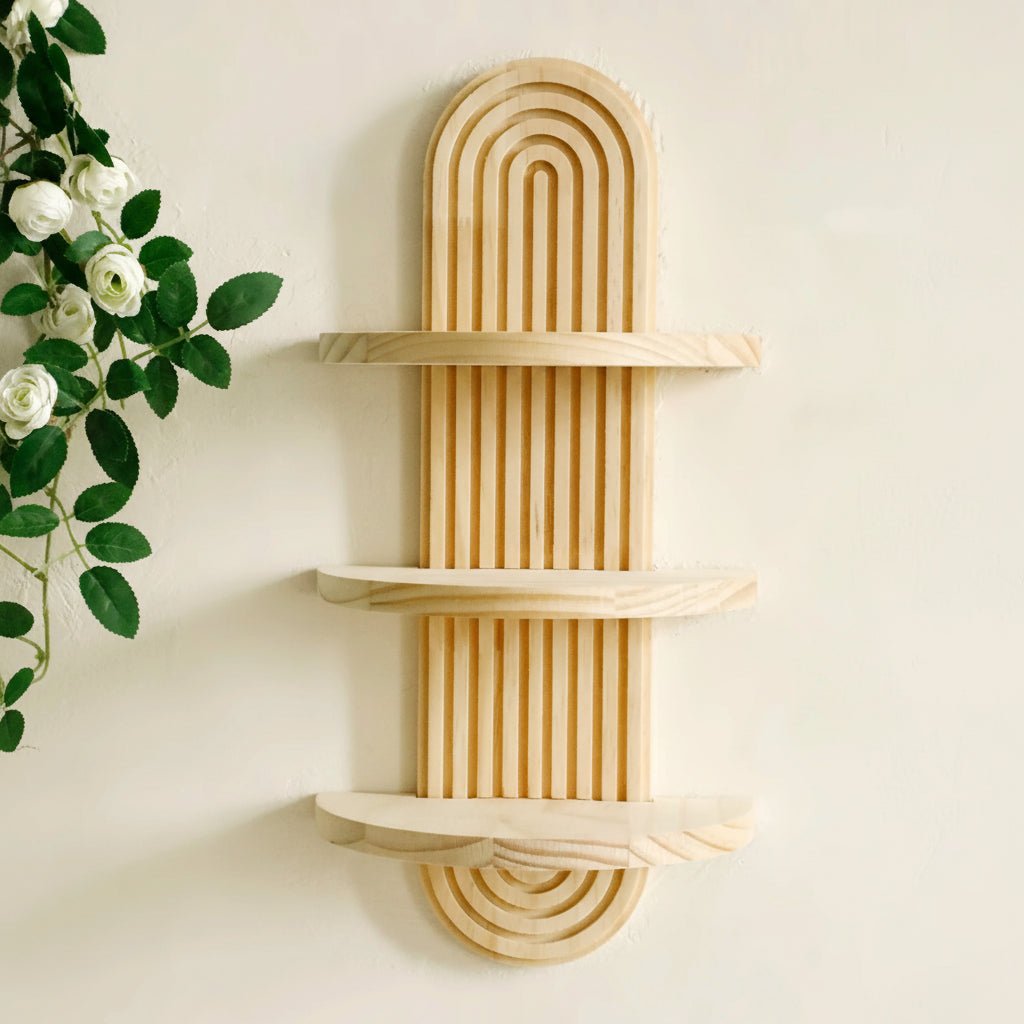 Boho Geometric Wooden Floating Shelves for Stylish Wall Storage