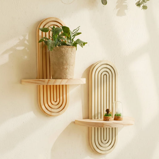 Boho Geometric Wooden Floating Shelves for Stylish Wall Storage