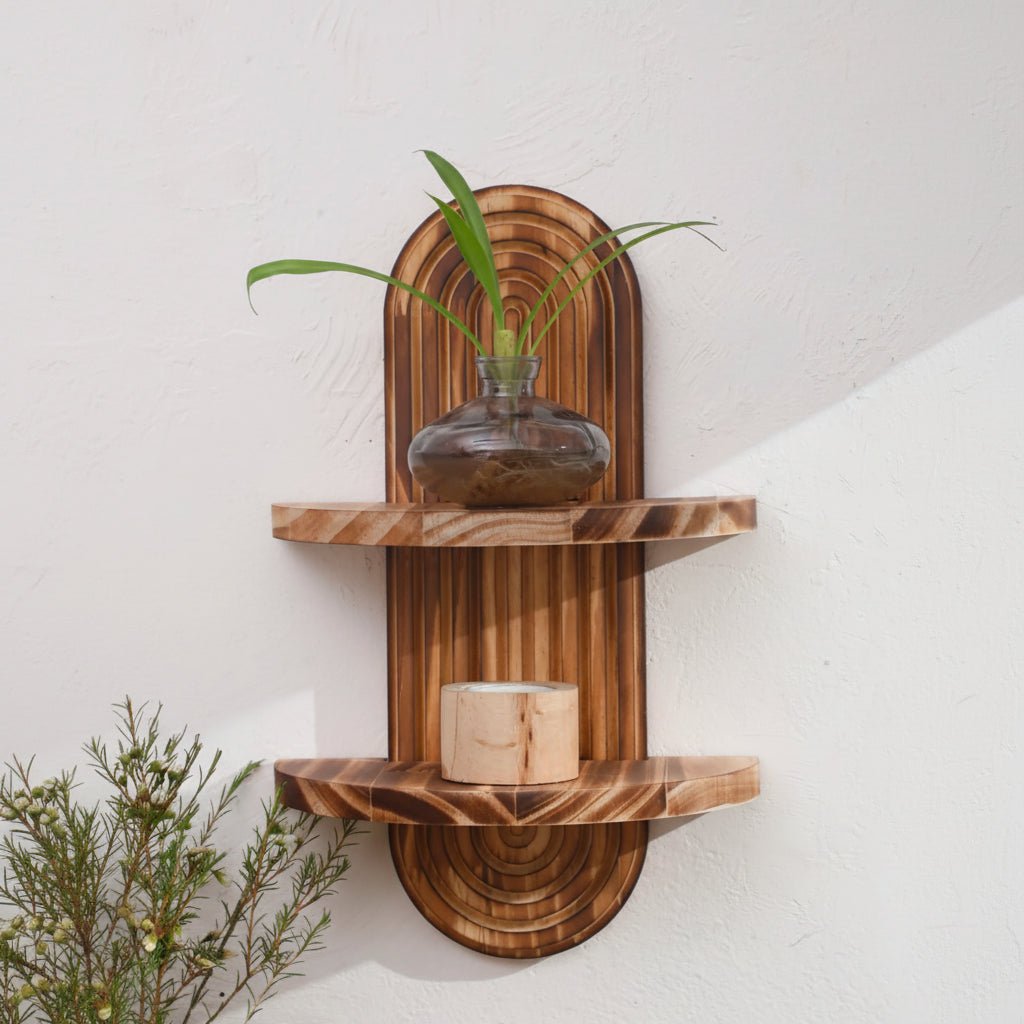Boho Geometric Wooden Floating Shelves for Stylish Wall Storage