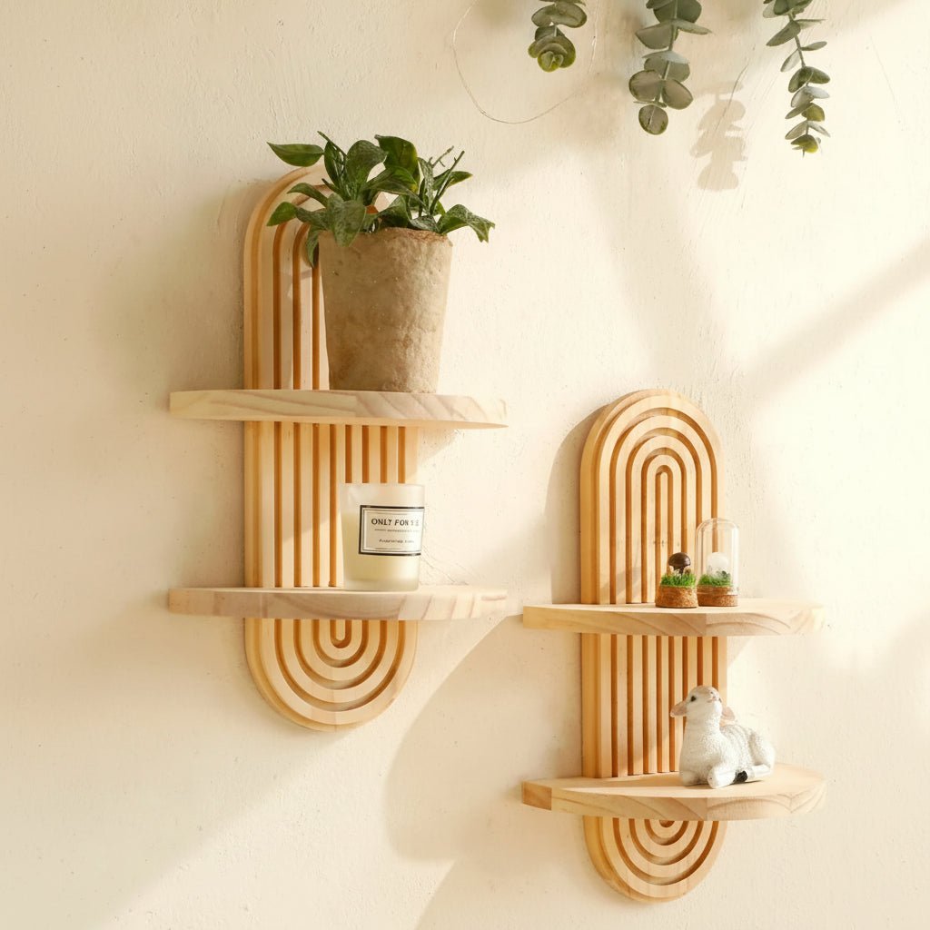 Boho Geometric Wooden Floating Shelves for Stylish Wall Storage