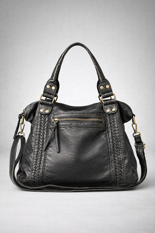 black handbag for school with an exterior zipper pocket