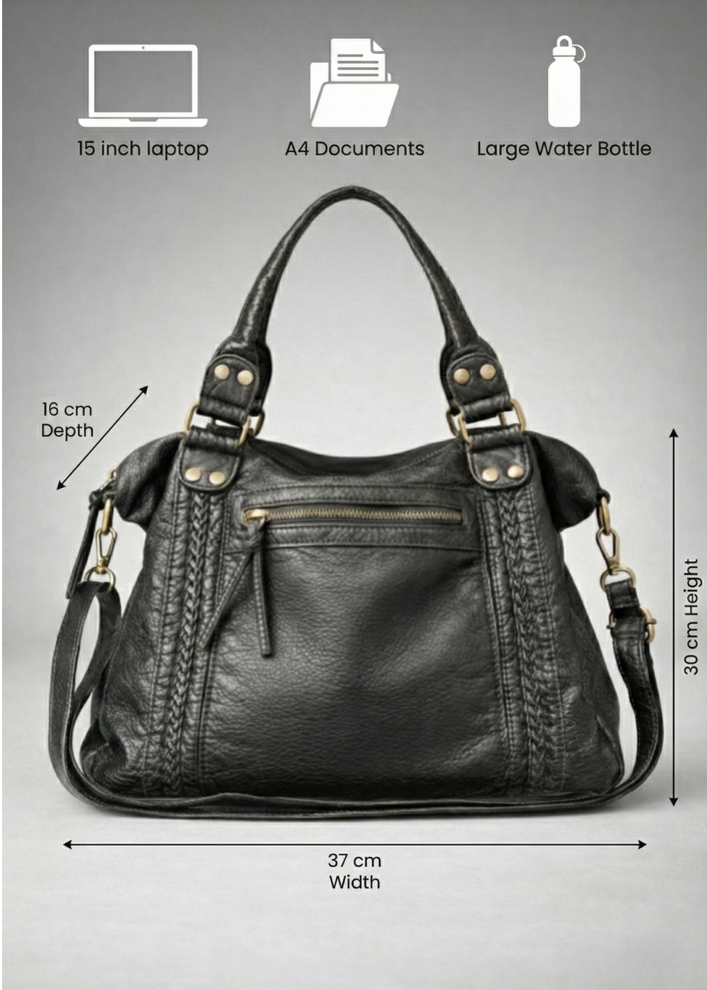black handbag for school with an exterior zipper pocket
