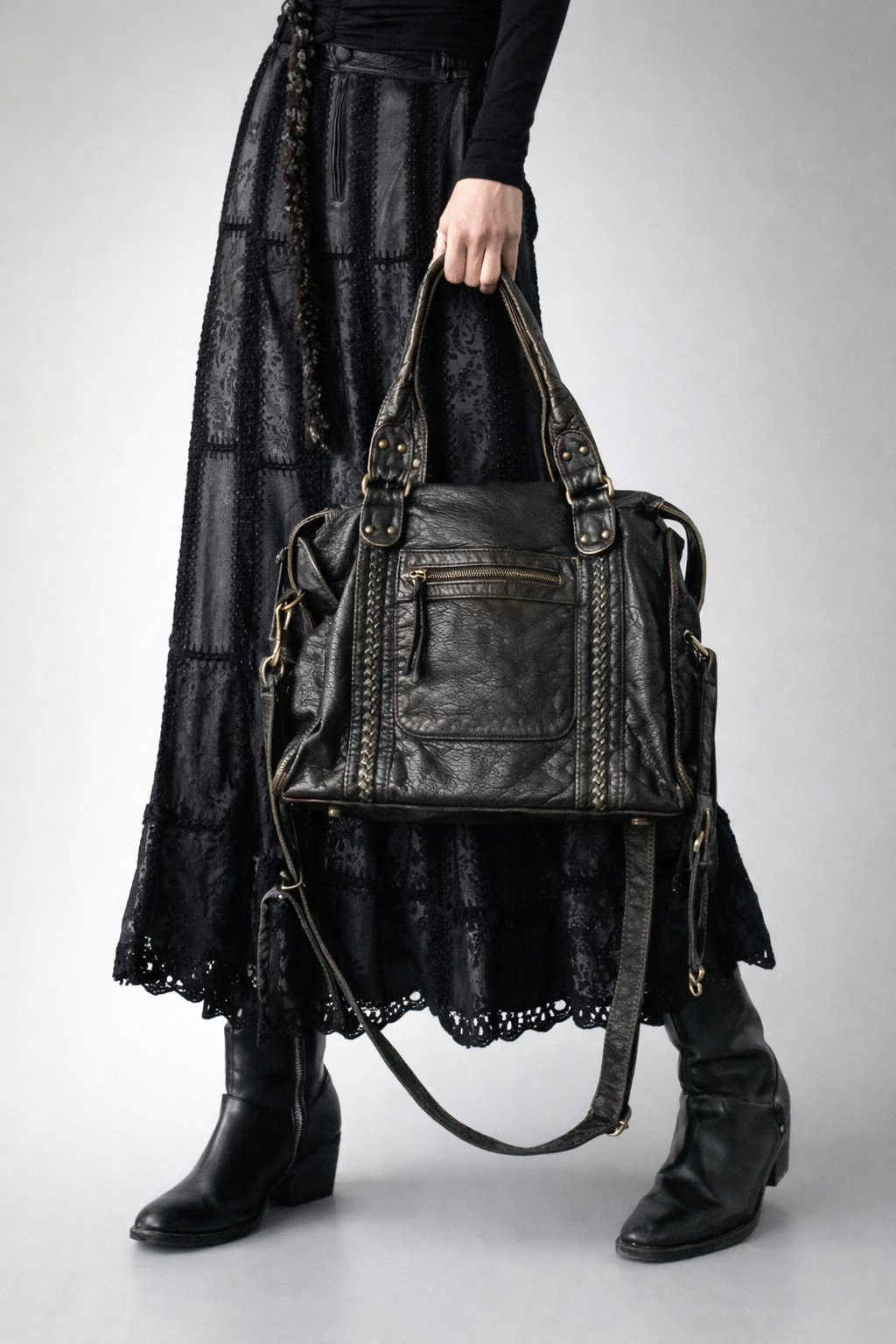 black handbag for school with zipper pockets