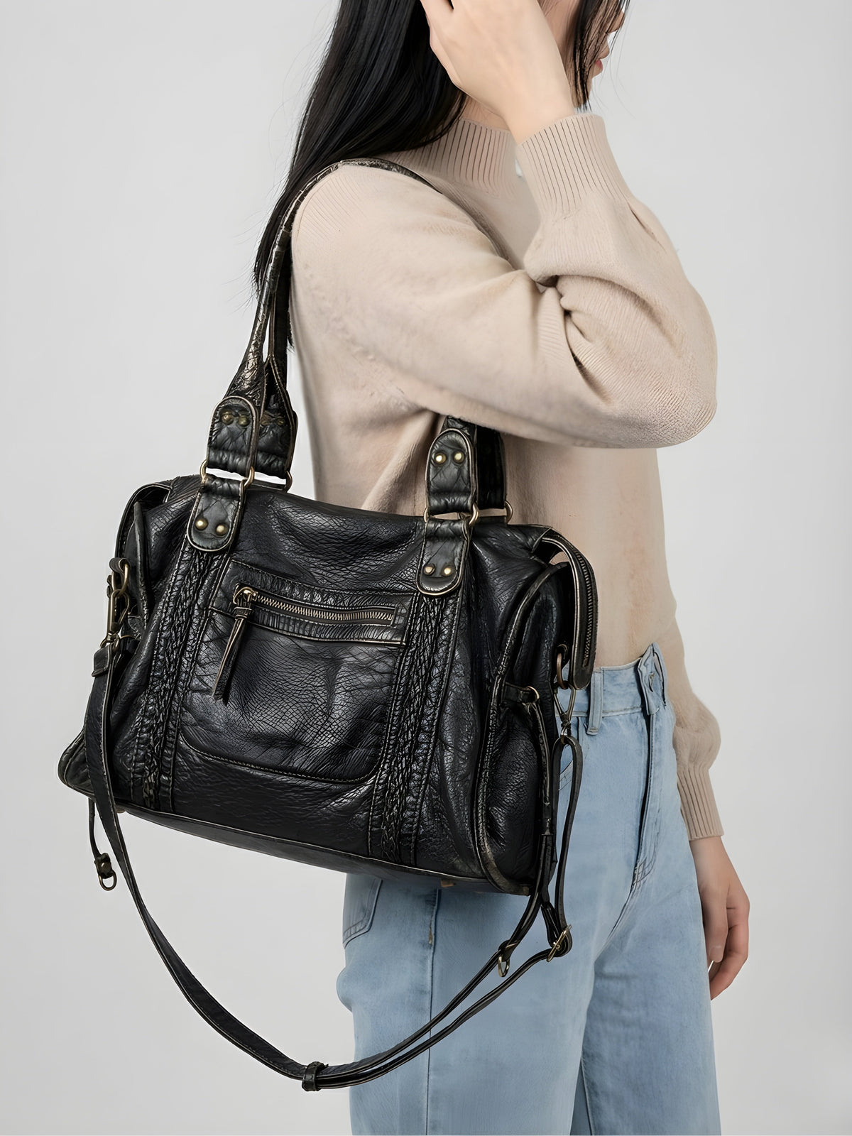 black handbag for school with zipper pockets