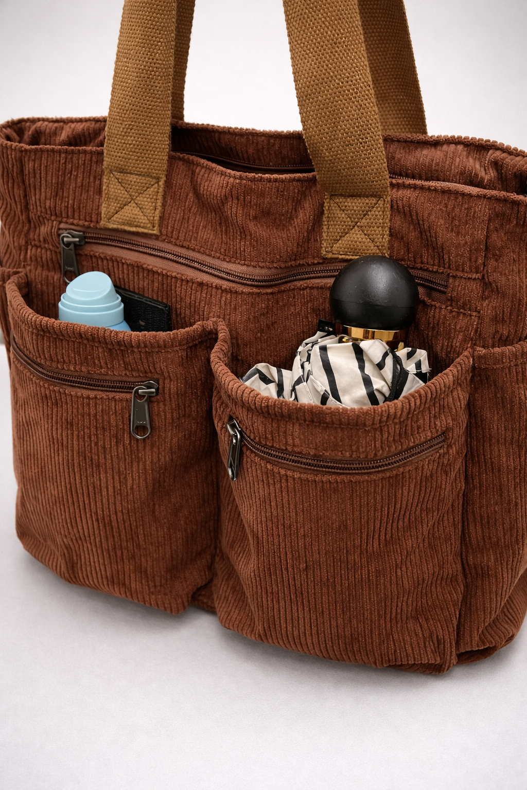 Brown Corduroy Multi-Pocket University Tote Bag – 36×28×14 cm