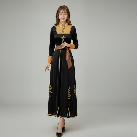 Halloween Anna Adult Princess Costume Dress with Cape Wheat Embroidery and Mandarin Collar