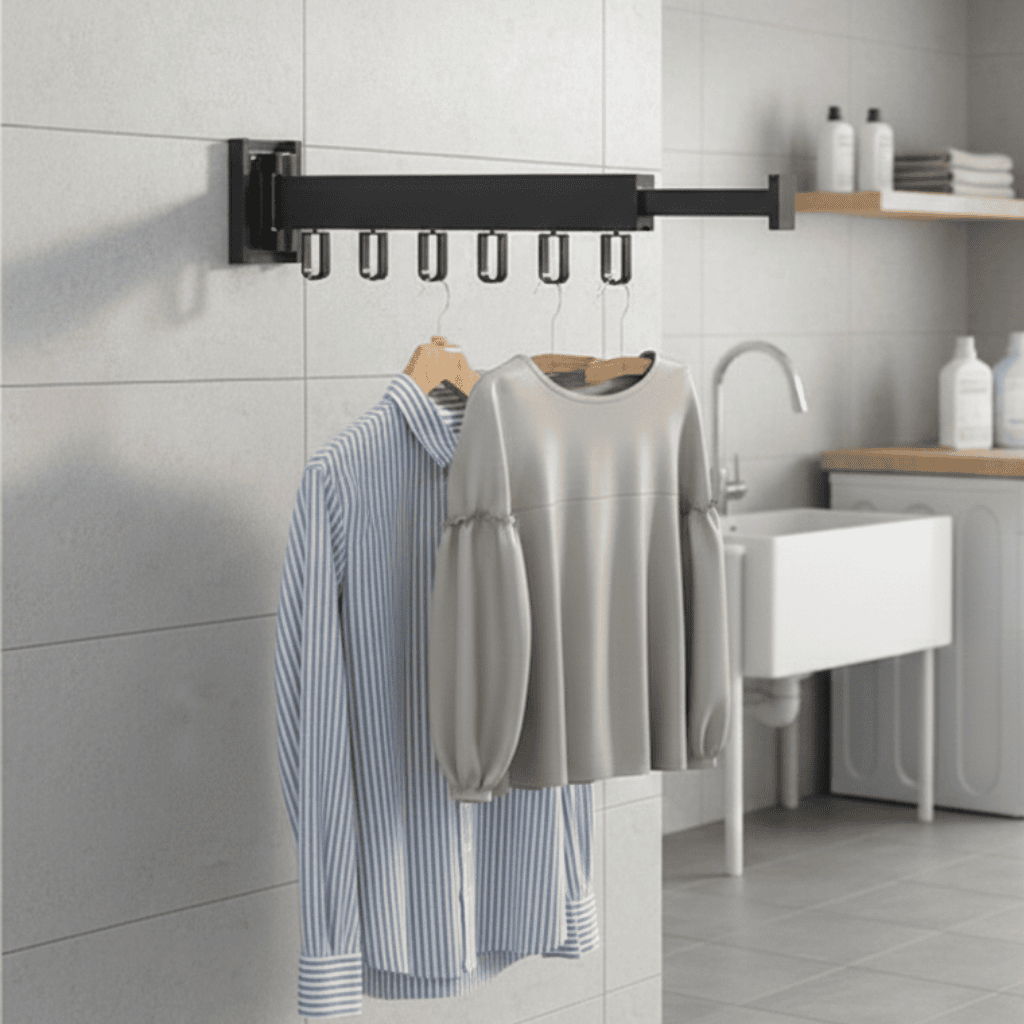 Wall-Mounted Retractable Clothes Dryer with Folding Hanger Design