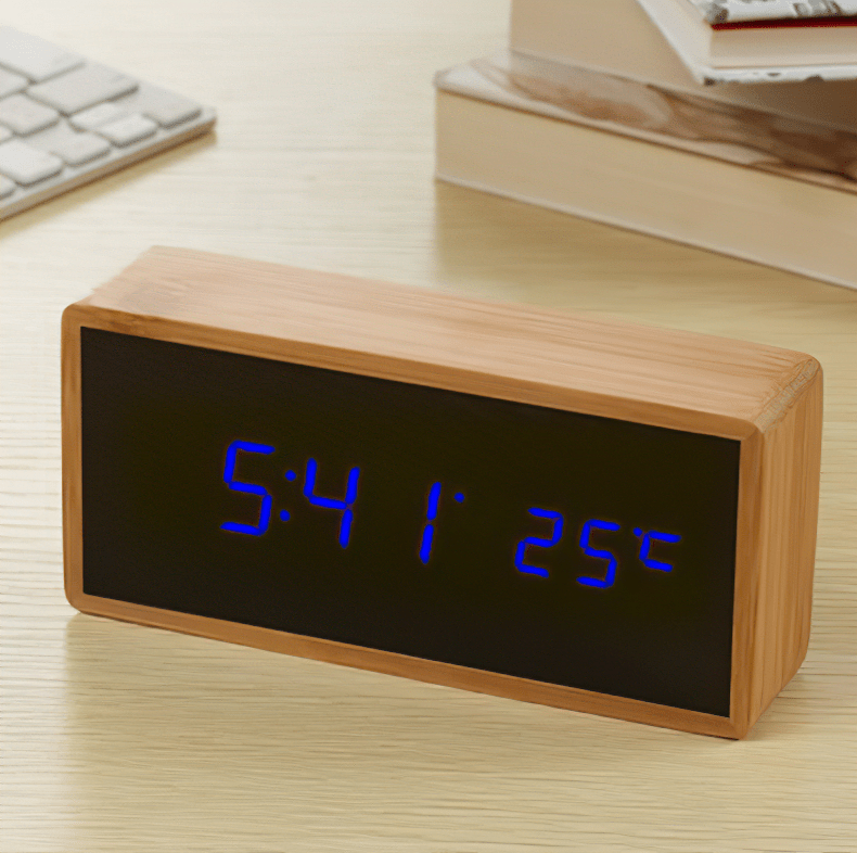Bamboo LED Alarm Clock with Time and Temperature Display