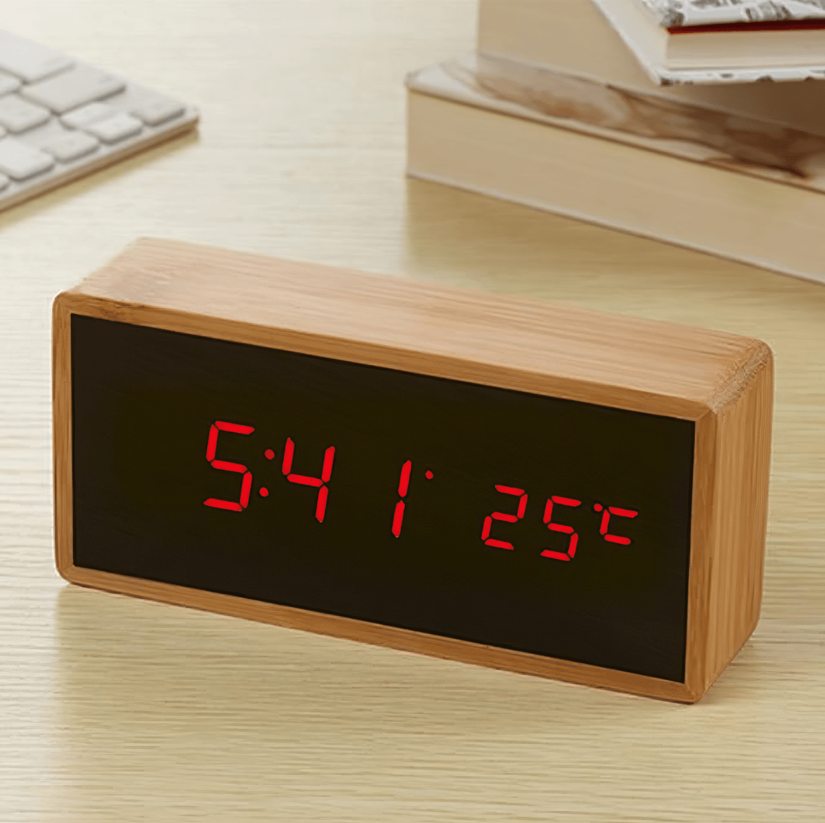 Bamboo LED Alarm Clock with Time and Temperature Display