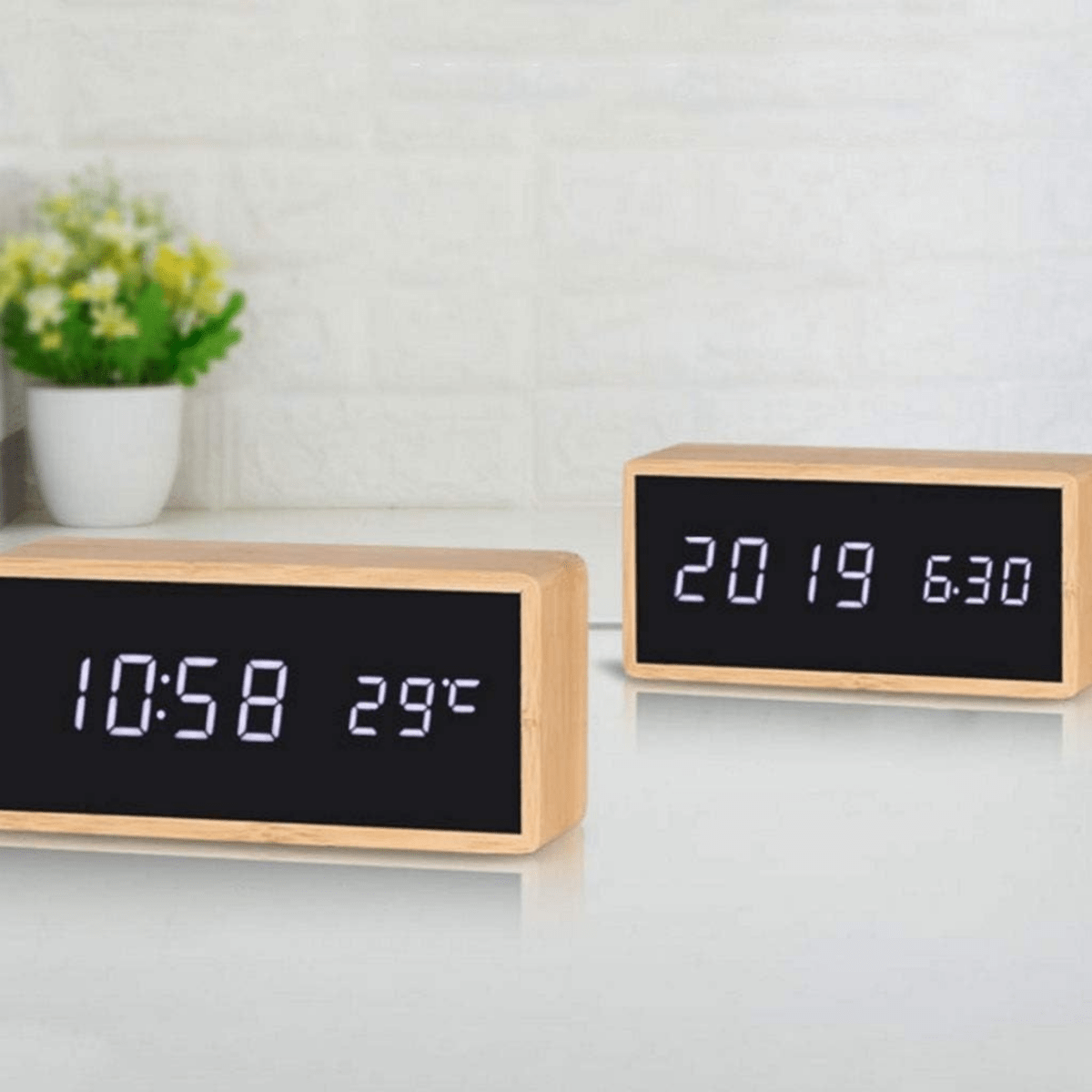 Bamboo LED Alarm Clock with Time and Temperature Display
