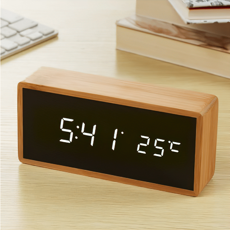 Bamboo LED Alarm Clock with Time and Temperature Display
