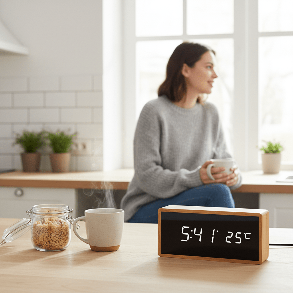 Bamboo LED Alarm Clock with Time and Temperature Display