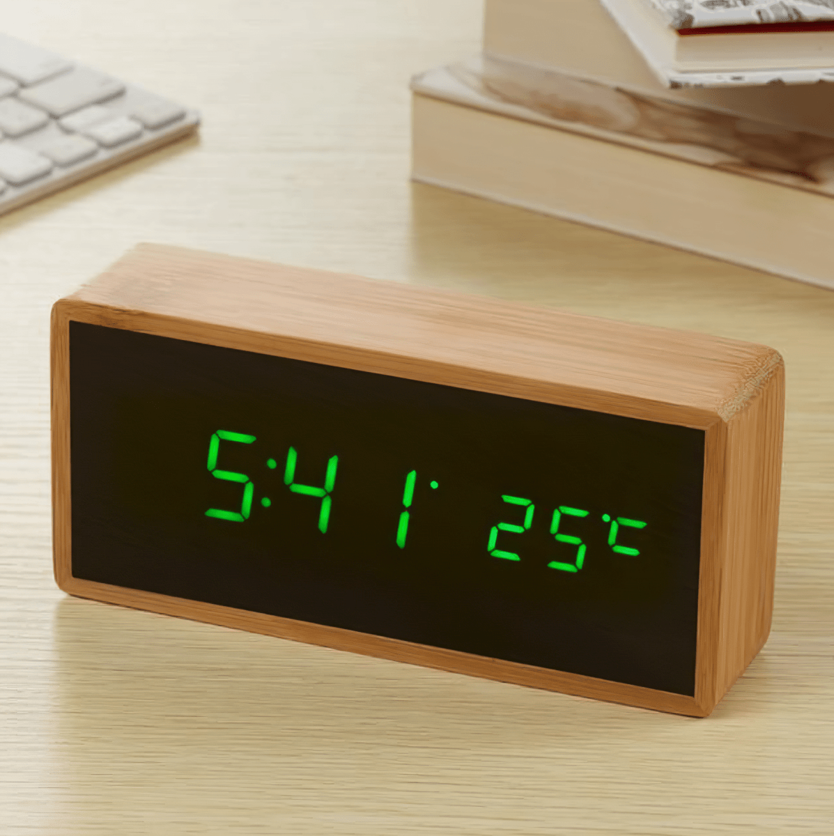Bamboo LED Alarm Clock with Time and Temperature Display