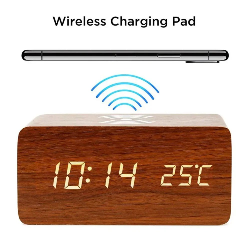 Wooden LED Alarm Clock with Wireless Charging