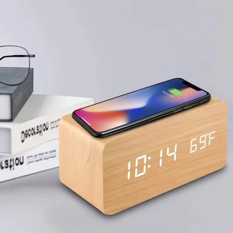 Wooden LED Alarm Clock with Wireless Charging