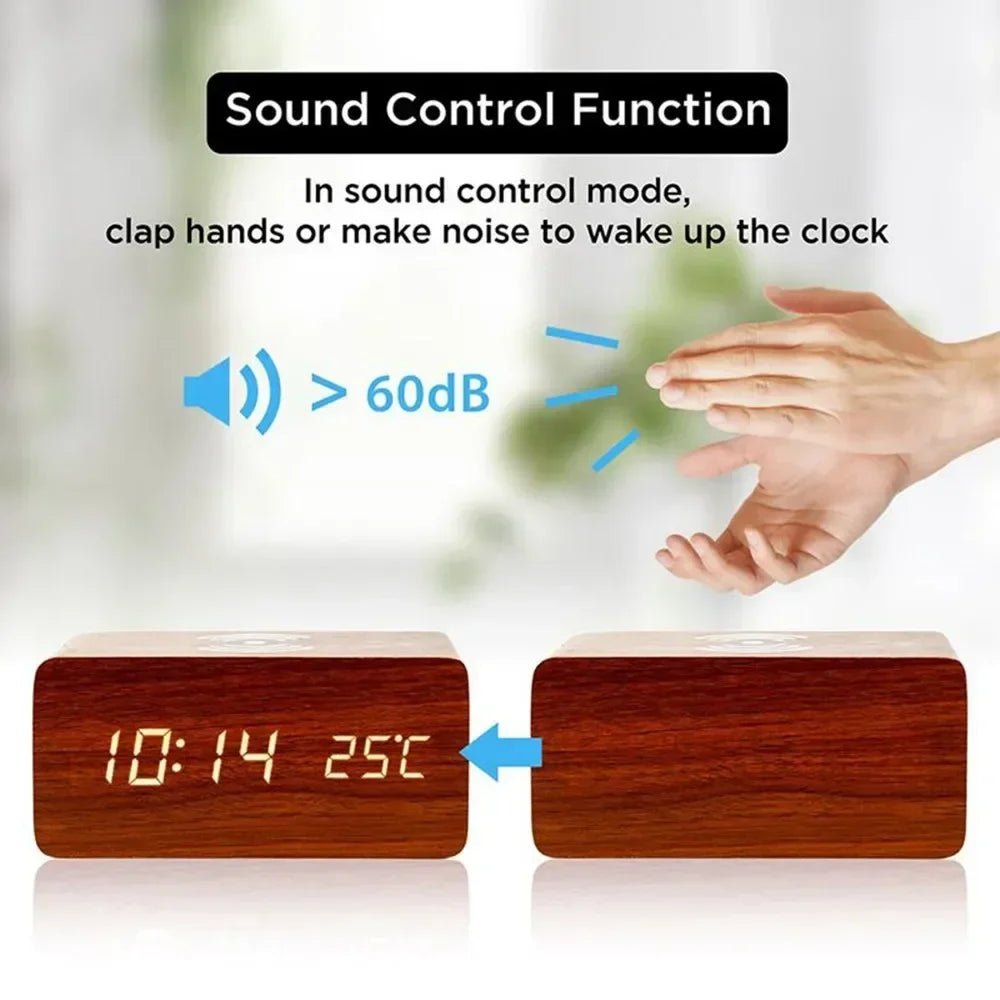 Wooden LED Alarm Clock with Wireless Charging