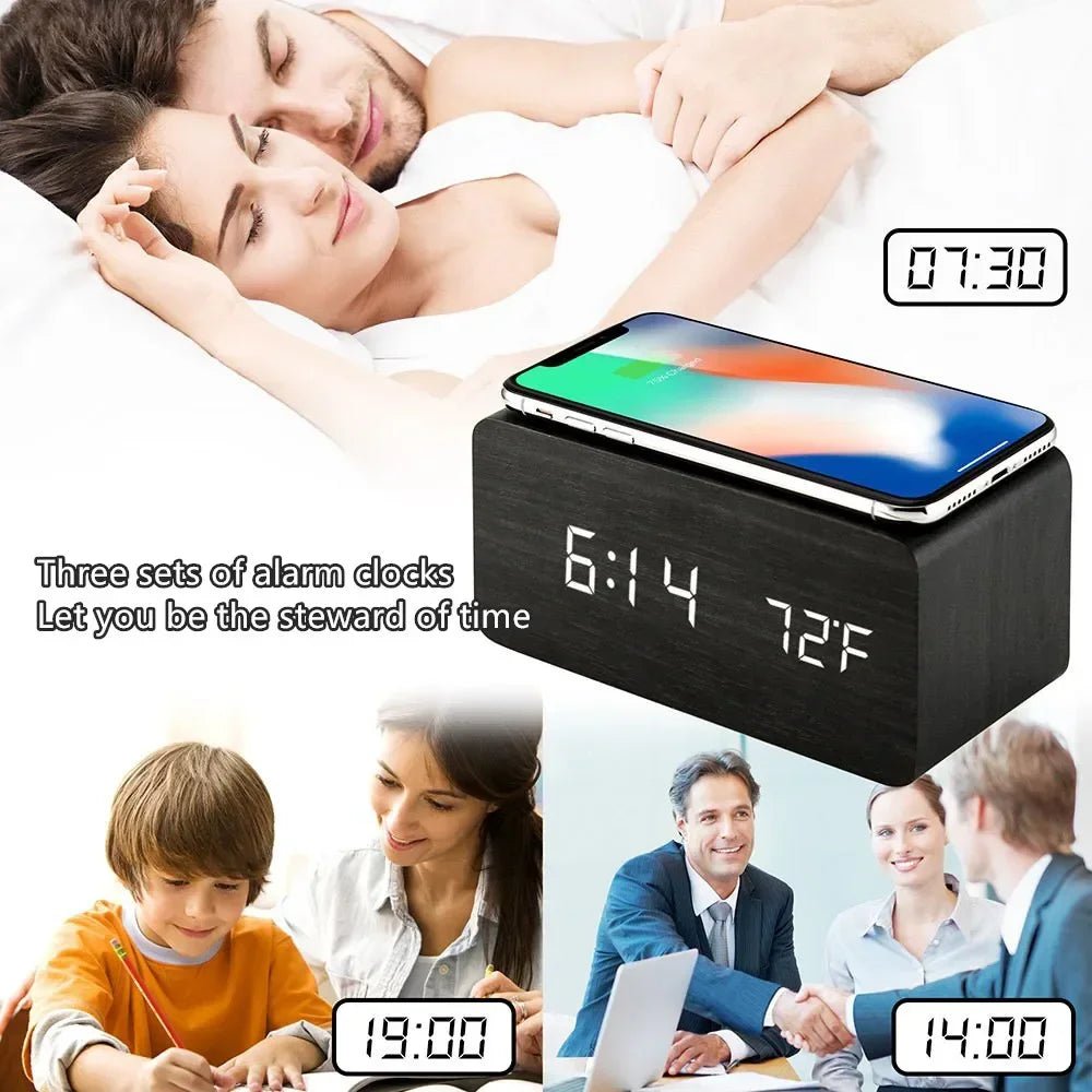 Wooden LED Alarm Clock with Wireless Charging