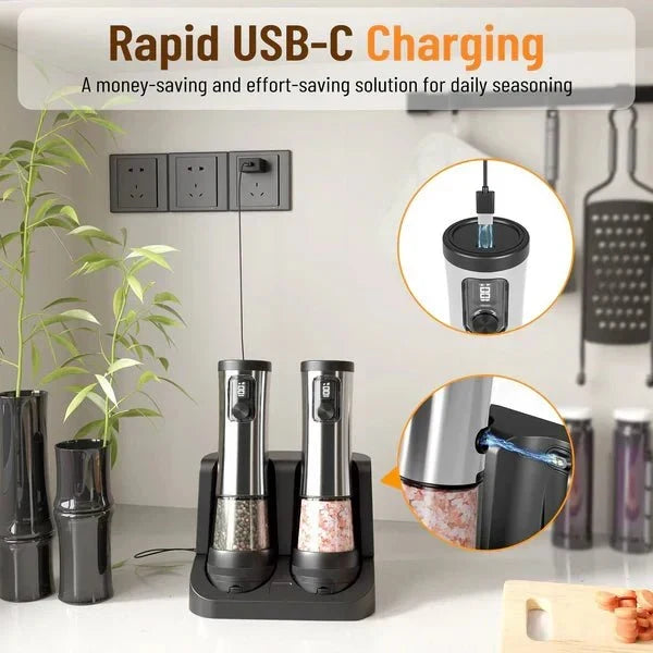Rechargeable Electric Salt and Pepper Grinder Set with Adjustable Coarseness