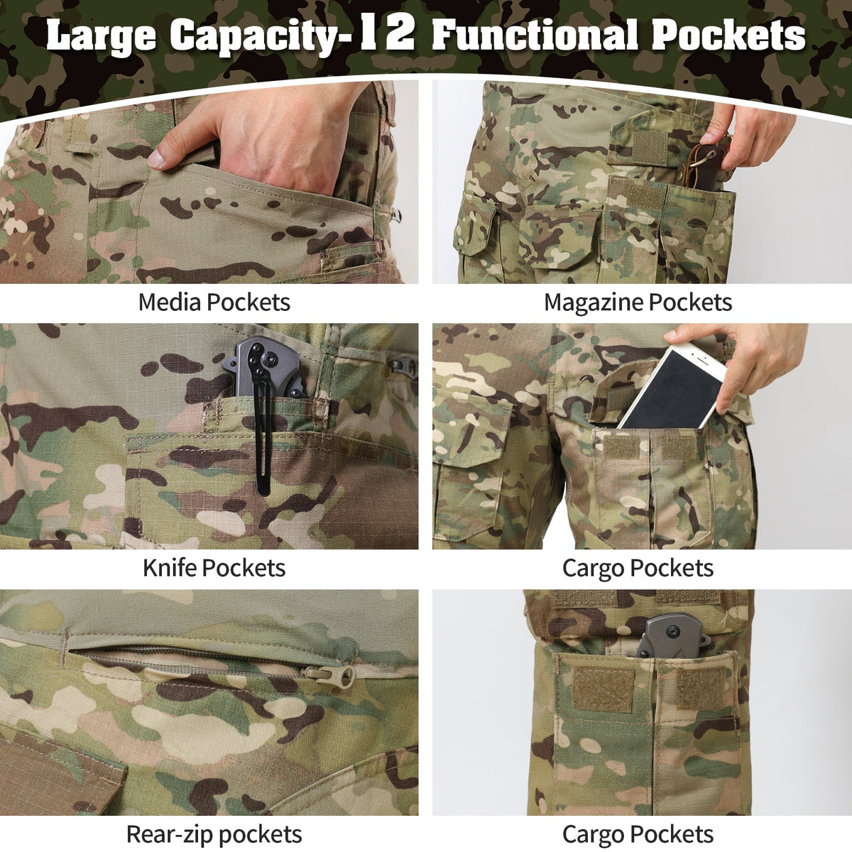 Rip-Stop Camo Combat Trousers with Knee Pads