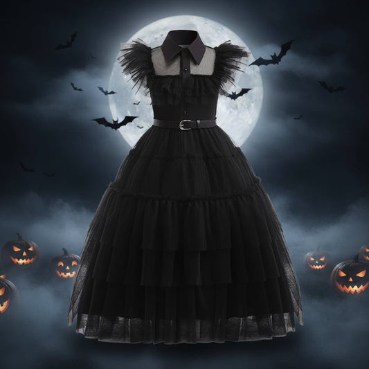 Girls' Wednesday Halloween Costume with Tiered Tulle Dress and Accessories