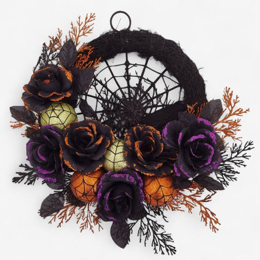 Halloween Door Wreath with Black Roses Spiderweb and Glitter Ornaments for Indoor Decoration