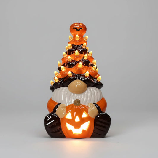 Halloween Jack O Lantern Ceramic Gnome Light-Up Figurine with Pumpkin for Party Decorations