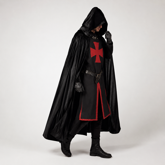 Halloween Medieval Knight Costume Tunic with Hooded and Templar Cross for Cosplay Party
