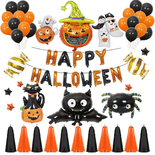 Halloween Party Balloons with Foil Letter Bat Pumpkin and Spider Decorations Kit