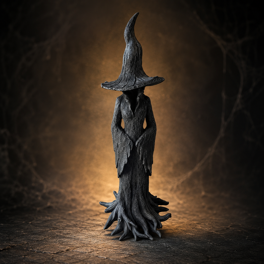 Halloween Witch Decoration Figurine with Textured Bark Finish and Root Base for Tabletop Decor