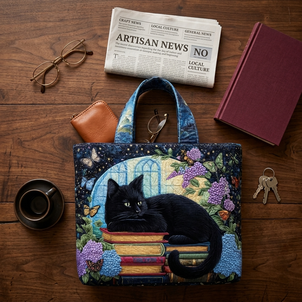 Quilted Tote Bag with Black Cat and Books Print