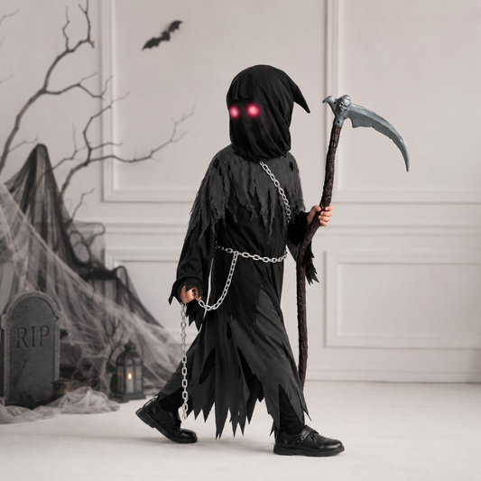 Kids' Halloween Costume Grim Reaper Hooded Robe Set with Glowing Eyes and Toy Scythe