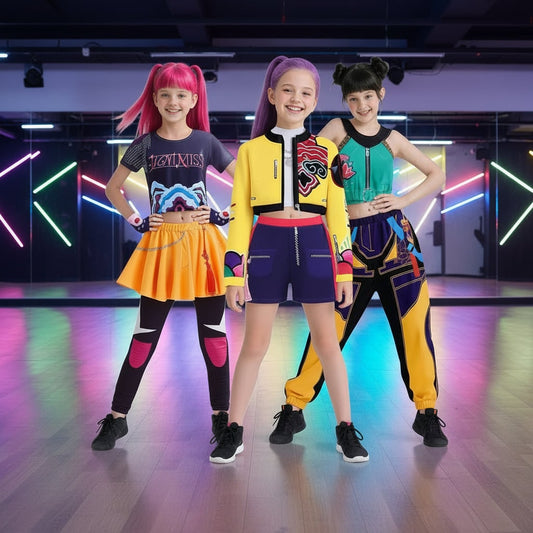 Kids' Halloween Hip Hop Dance Costume with Cropped Jacket Graphic Top and Flared Skirt