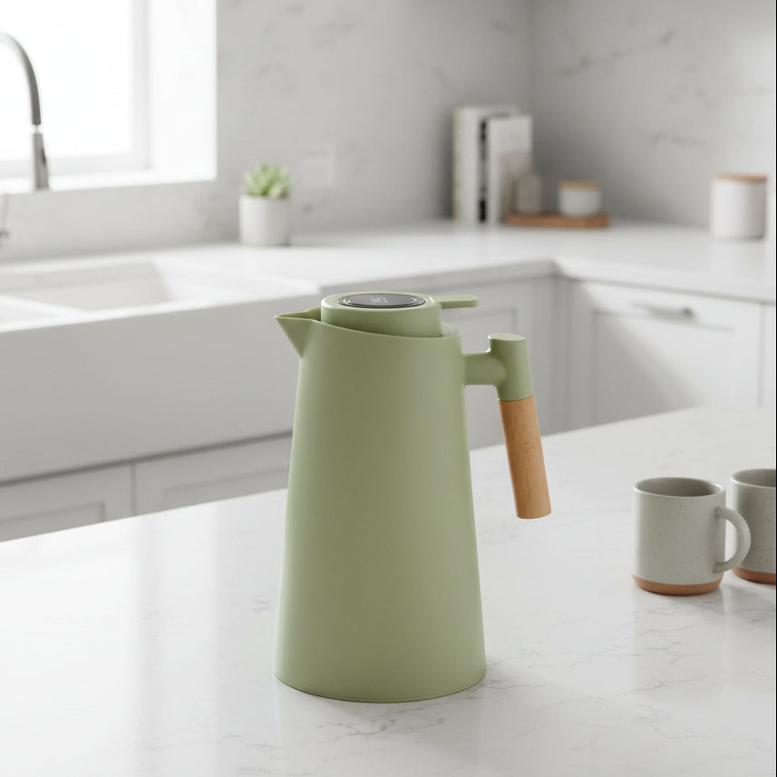 Thermal Jug with Temperature Display, Leak-Proof Design & Wooden Handle