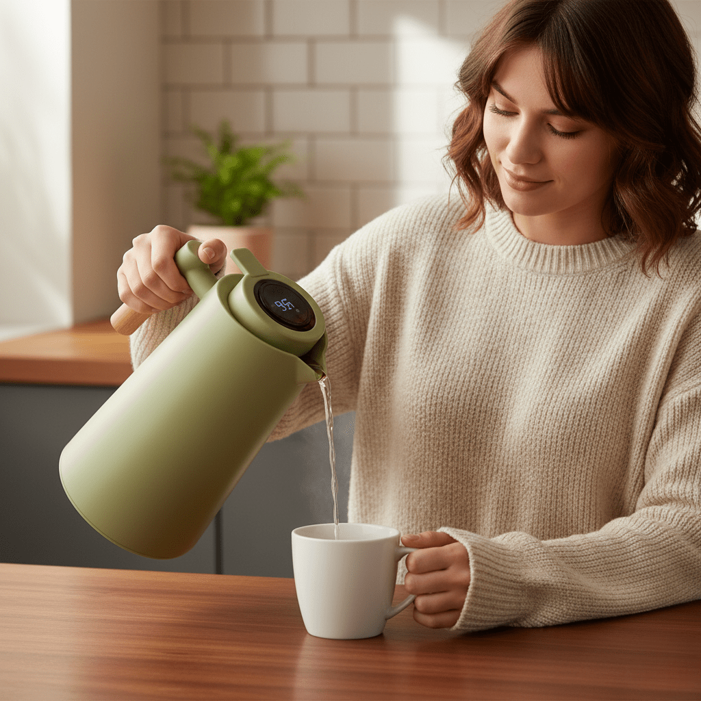 Thermal Jug with Temperature Display, Leak-Proof Design & Wooden Handle