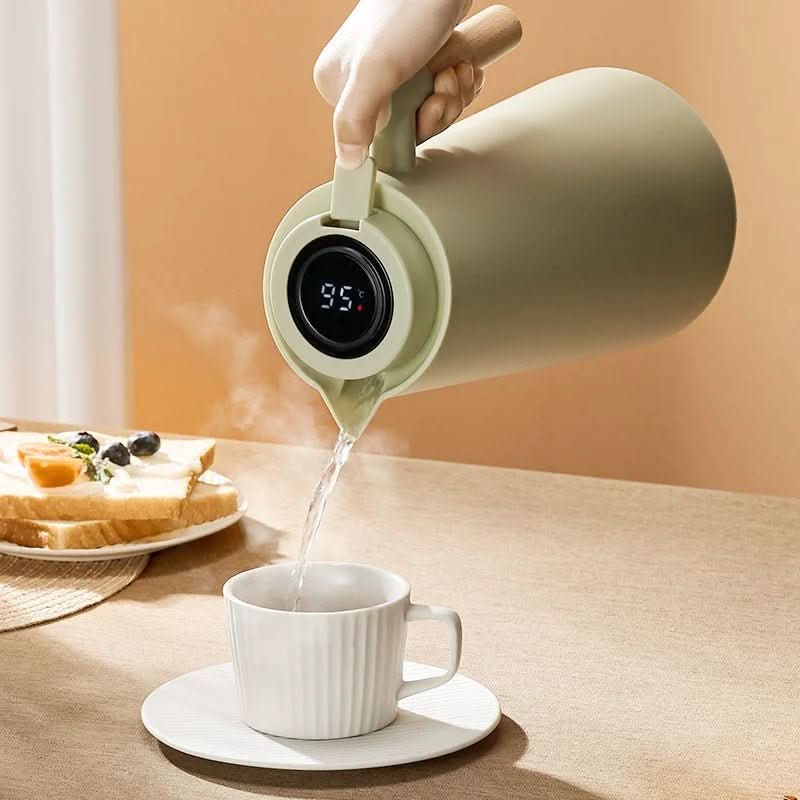 Thermal Jug with Temperature Display, Leak-Proof Design & Wooden Handle